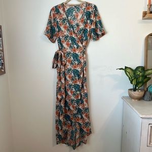 Roxy pink and green floral maxi wrap dress | size XS
